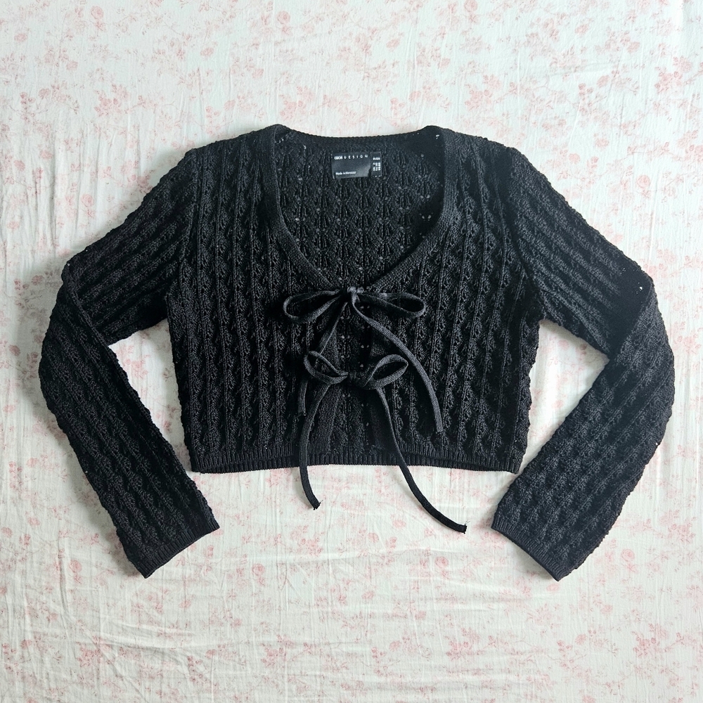 asos petite black pointelle tie front cardigan
